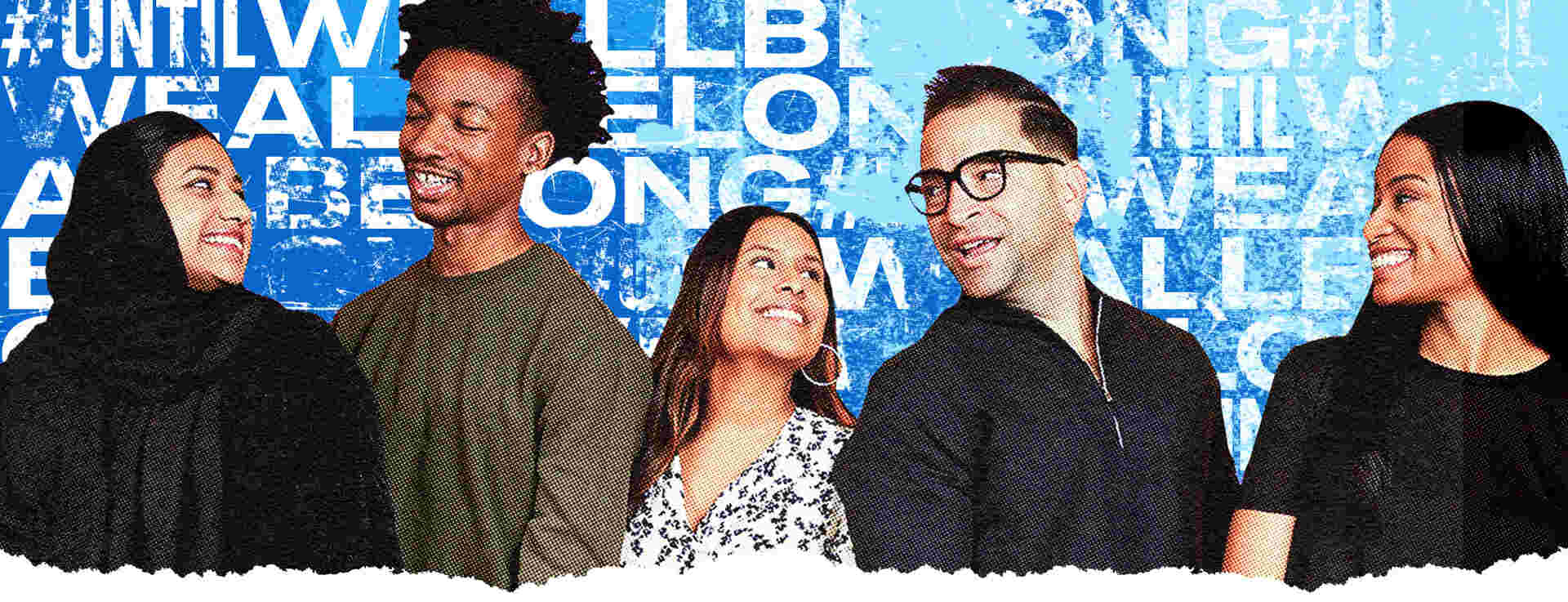 Five members of Twitter's Inclusion & Diversity team smile. The hashtag, UntilWeAllBelong, repeats in the background.