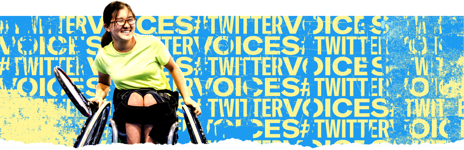 Person in a wheelchair smiles while playing tennis. The hashtag TwitterVoices appears in the background.
